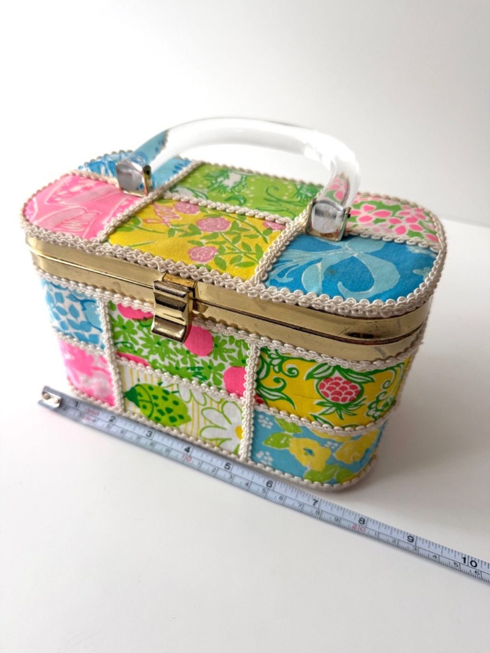 Vintage 1960s The Lilly Pulitzer Patchwork Vanity Box Bag Lucite Handle - Picture 6 of 6